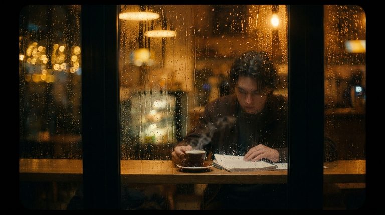 Rainy Cafe, warm window on a rainy night