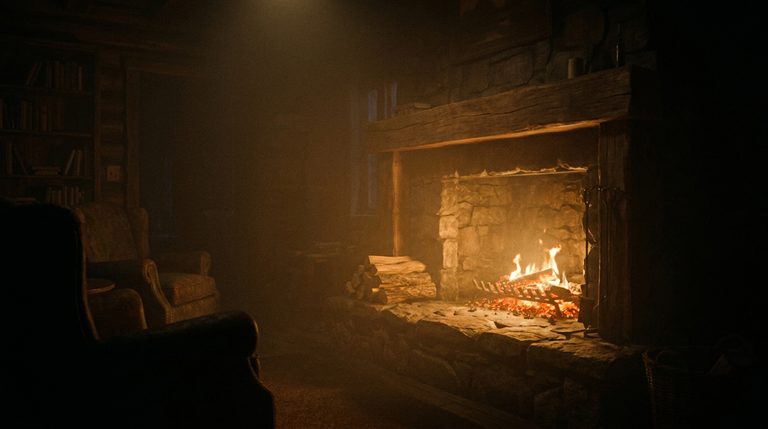 Fireplace, a glowing hearth in the dark