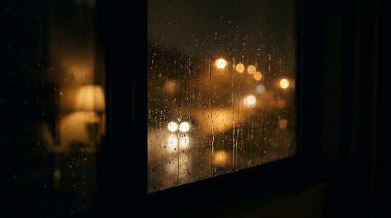 Gentle Rain, rain on a dark window